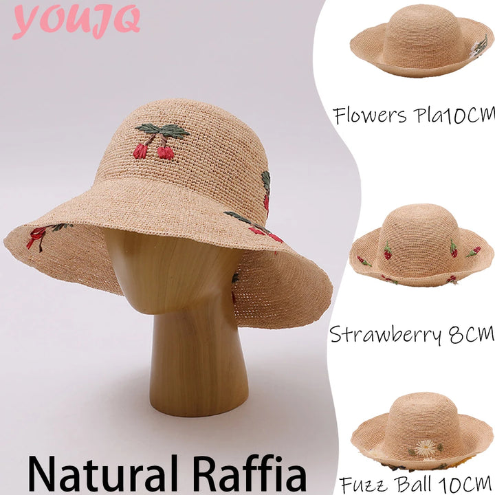 Japanese Raffia Straw Hats for Female Summer Korean Version of The Sunscreen Wide Brim Beach Seaside Vacation Sun Cap Foldable