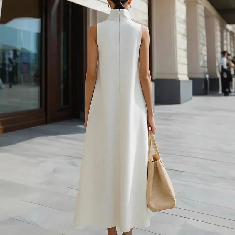 Simple Fashion Single Button High Neck Maxi Dress Women Spring Solid Pocket A-Line Long Dress Summer Sleeveless Bohemian Dresses