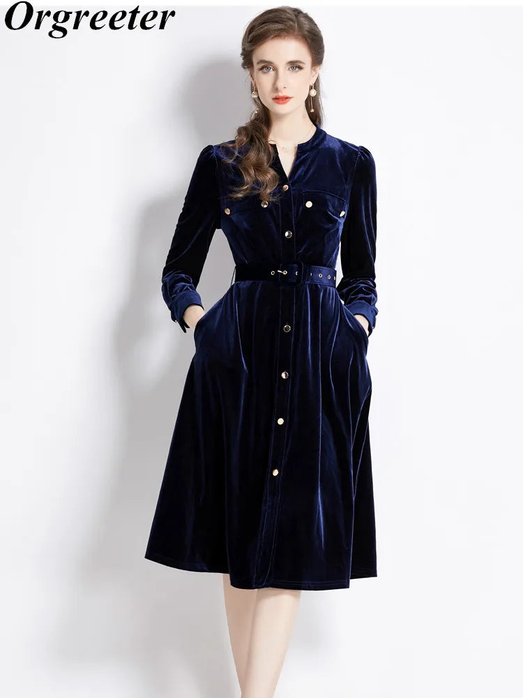 Autumn Vintage Solid Velvet Dress for Women Winter V-neck Long Sleeve Belts Slim A-line Midi Dress Robes Femme