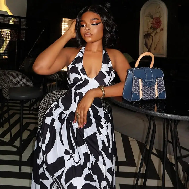 Maxi Tiered Dresses for Woman Backless Sexy Summer Vacation Dress Slim Fit Sleeveless Elegant Black and White Long Dress