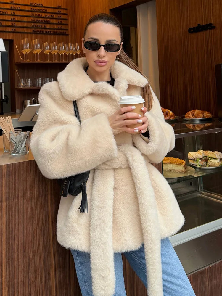 HH Women Winter Warm Jackets Solid Turn-Down Collar Pockets Lace-Up Decoration Women Casual New Fashion Long Sleeves Coats 2025