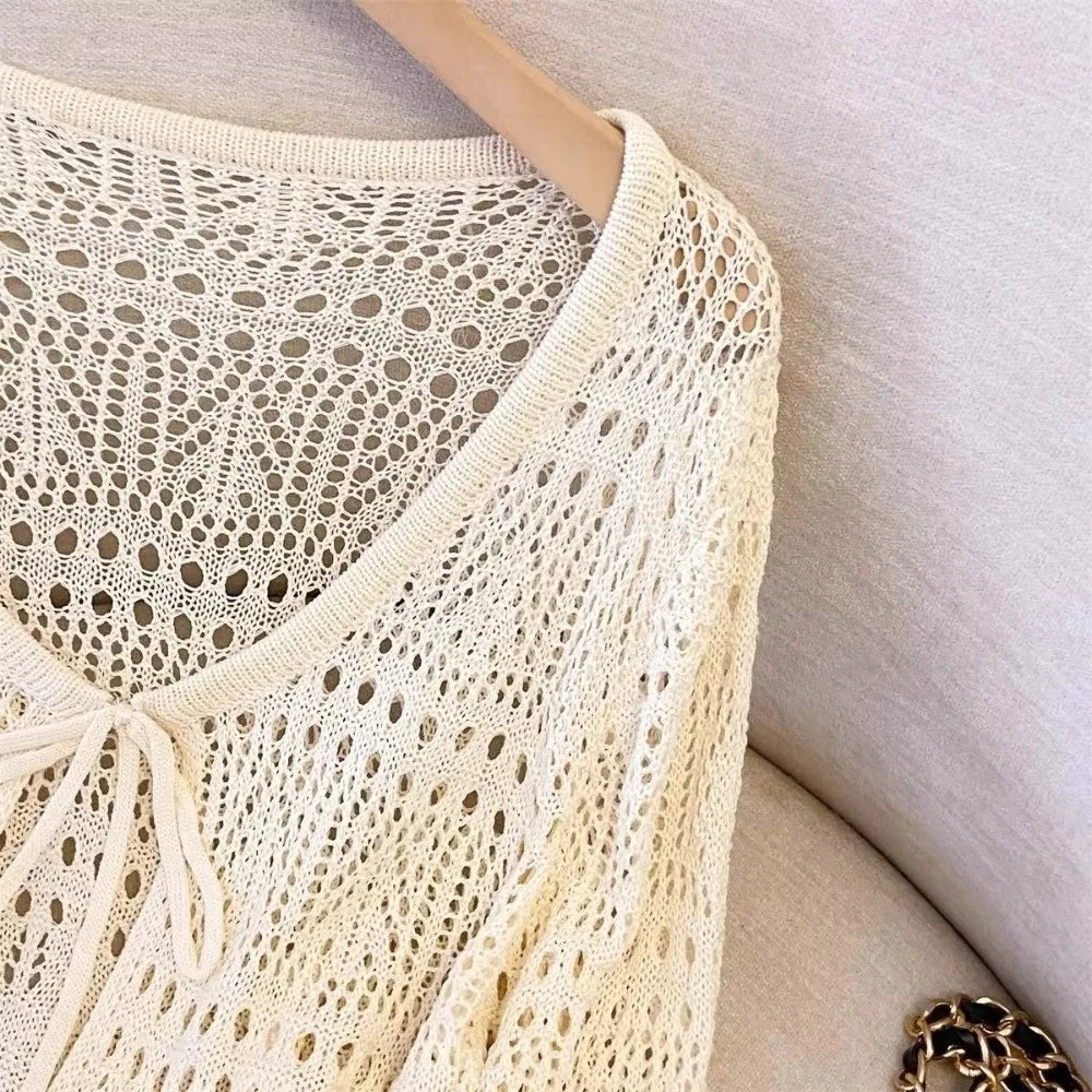 Fashion Hollow Out Knitted Cardigan Thin V-Neck Sun-Proof Tops Long Sleeve Casual Outwear Summer