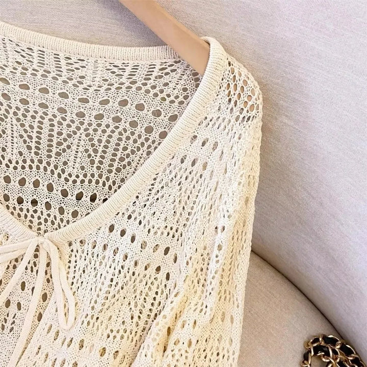 Fashion Hollow Out Knitted Cardigan Thin V-Neck Sun-Proof Tops Long Sleeve Casual Outwear Summer