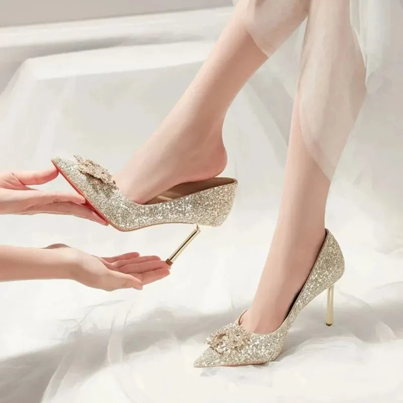 Womens High Heel Shoes Fad Elegant Crystal Pointed Toe Pumps Retro Shallow Mouth Banquet Party Wedding Women Shoes Zapatos Mujer