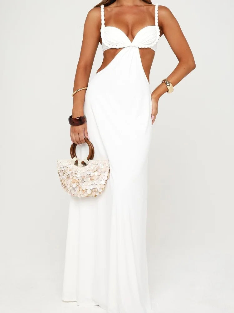 2026 Summer Sexy White Deep V Neck Maxi Dress Women Chic Braided Spaghetti Strap Cutout Waist Dresses Formal Evening Party Gown