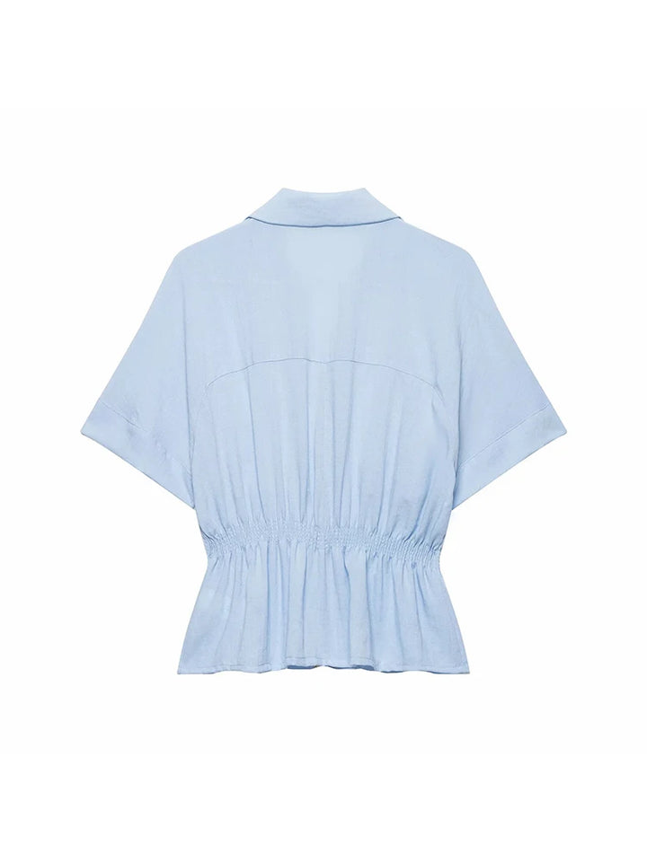 Women Light Blue 2-Piece Set Lapel Zipper Short Sleeve Cropped Shirt + Elastic Waist Wide Leg Pants Casual Office Lady Suit