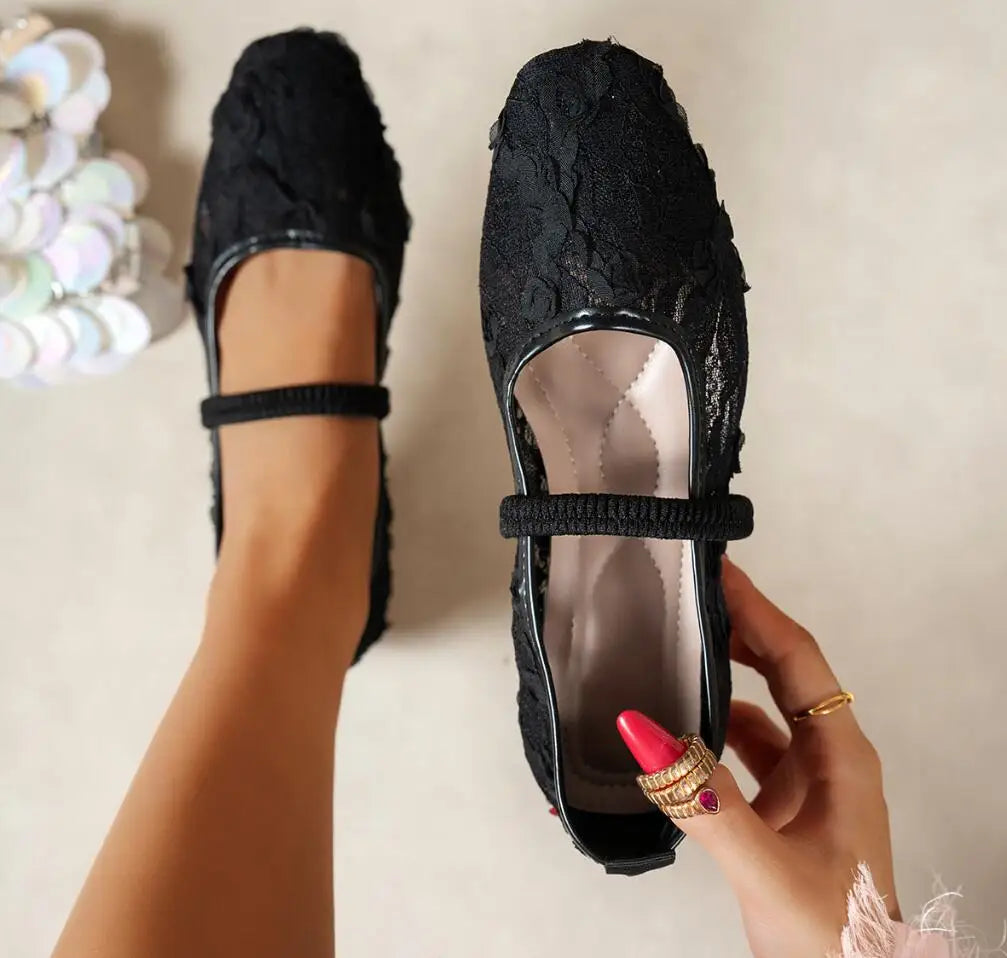French-style Net Flower Mary Jane Flat Shoes for Women Sweet Square-toe Ballet-inspired Single Shoes Woman Summer Fairy Sandals