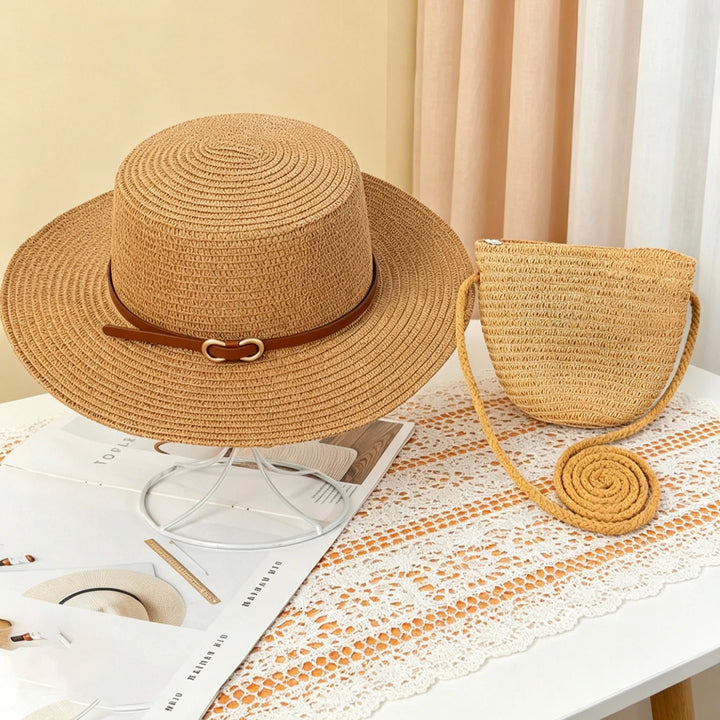 Wide Brim Straw Hats bag set for Women Summer Flat Top Caps Travel Beach Lady Girl Sun Panama Hats Crossbody bag beach bag