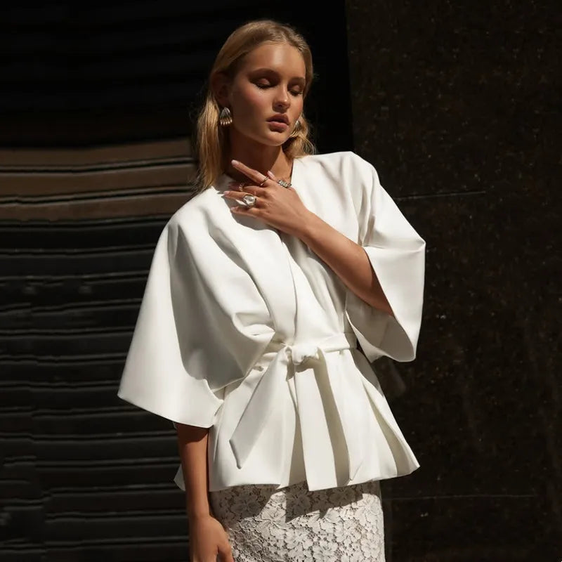Women's Elegant 2 Piece Outfits White Batwing Sleeve Peplum Top Back Slit Lace Maxi Skirt Suit Wedding Guest Cocktail Party Wear