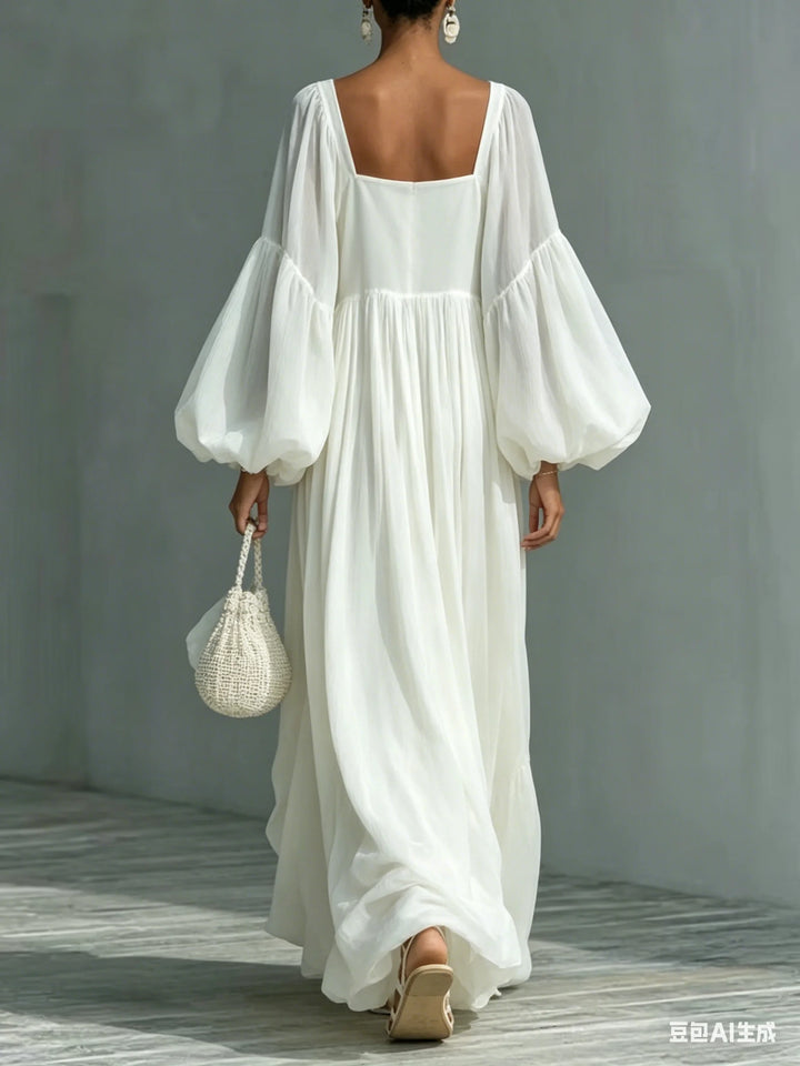 White Elegant Flowy Maxi Dress Woman Sexy Square Collar High Waist Bohemian Long Dresses Spring Lantern Sleeve Loose Party Gowns