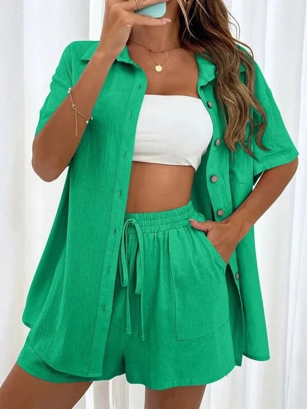 Fashion Women Shirt + Shorts Two Piece Set Solid Color Shirt Suit 2025 New Casual Loose Short Sleeve Single Breasted Women&