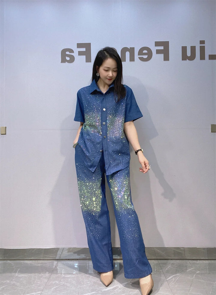 Denim Sequins Turn Down Short Sleeve Blouse &amp; Wide Leg Pant 2 Piece Sets Woman Outfits Jeans Casual Oversized Matching Sets