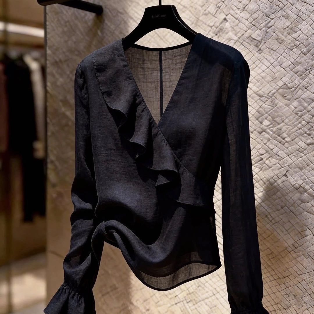 Elegant White V-Neck Shirt with Ruffle Sleeves Long Sleeve Versatile Slimming Women&
