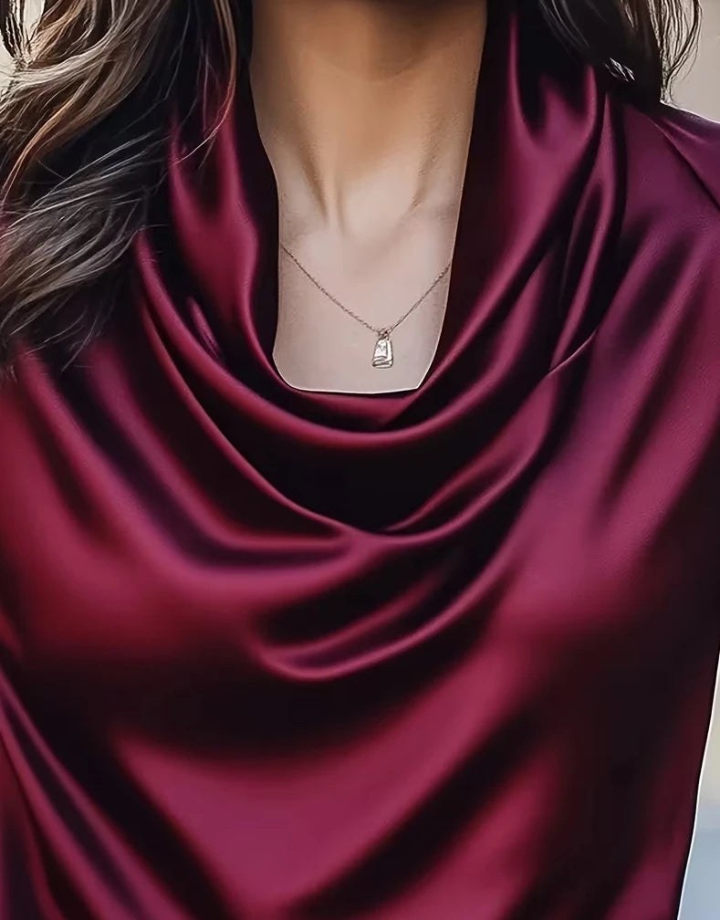 Women Cowl Neck Short Sleeve Satin Blouse Elegant Slim Fit Office Top for Work Evening Party