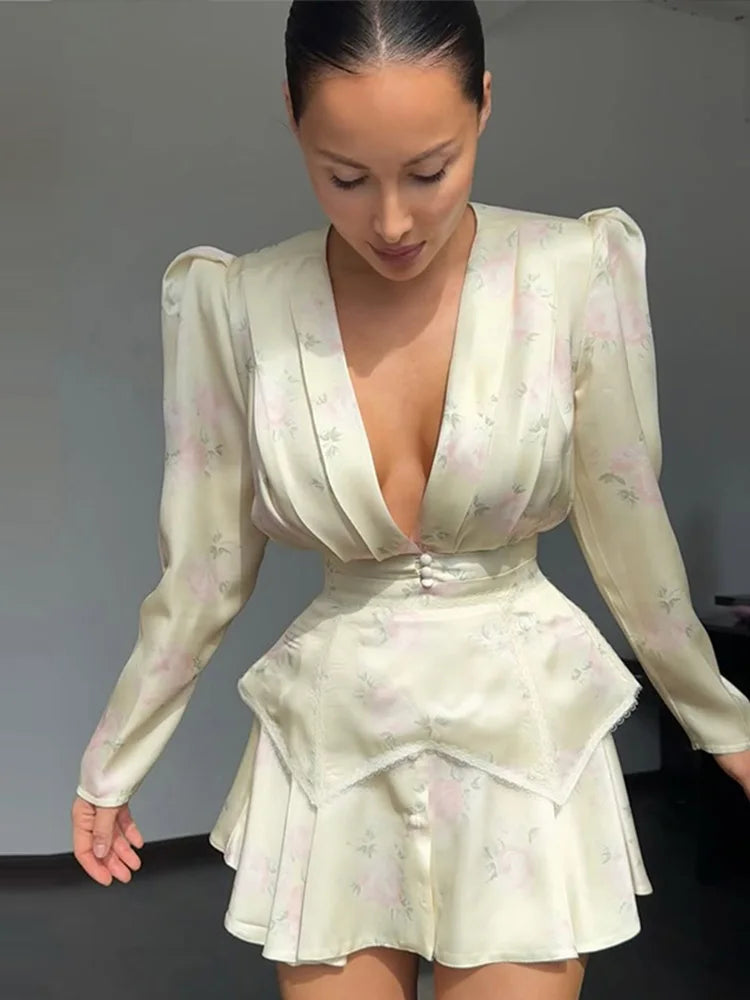 Fashion Floral Printed Maxi Dress Chic Deep V Neck Puff Sleeve Peplum Slit Dresses 2026 Summer Wedding Cocktail Party Women Gown