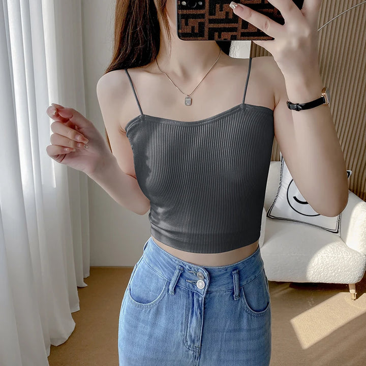 Knitted Camisole Undershirt Women Inner Slim Outer Wear Short Self Chest Pad Beauty Back Beauty Top Bottom Basic Simple Sexy