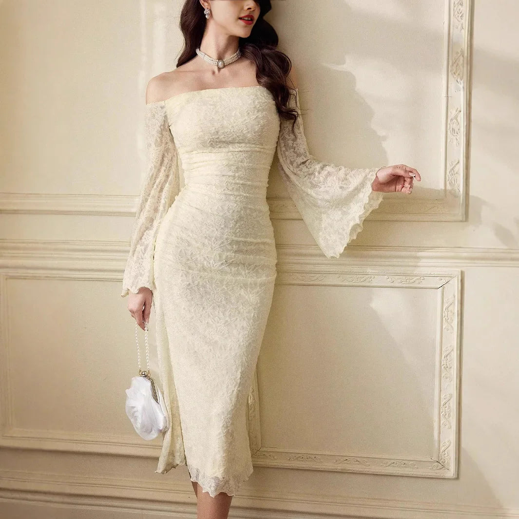 Fall New Off Shoulder Dress Lace Bell Sleeve Ruffle Trim Bodycon Long Elegant Party Dress for Women Sexy Formal Dress