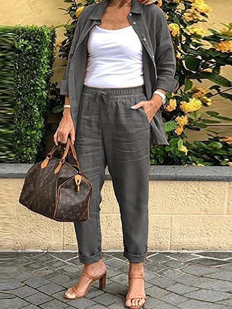 Cotton Linen Set Women Spring Summer Loose Oversize Long Sleeve Shirt Long Pants 2 Piece Sets Casual Office Ladies Trousers Suit