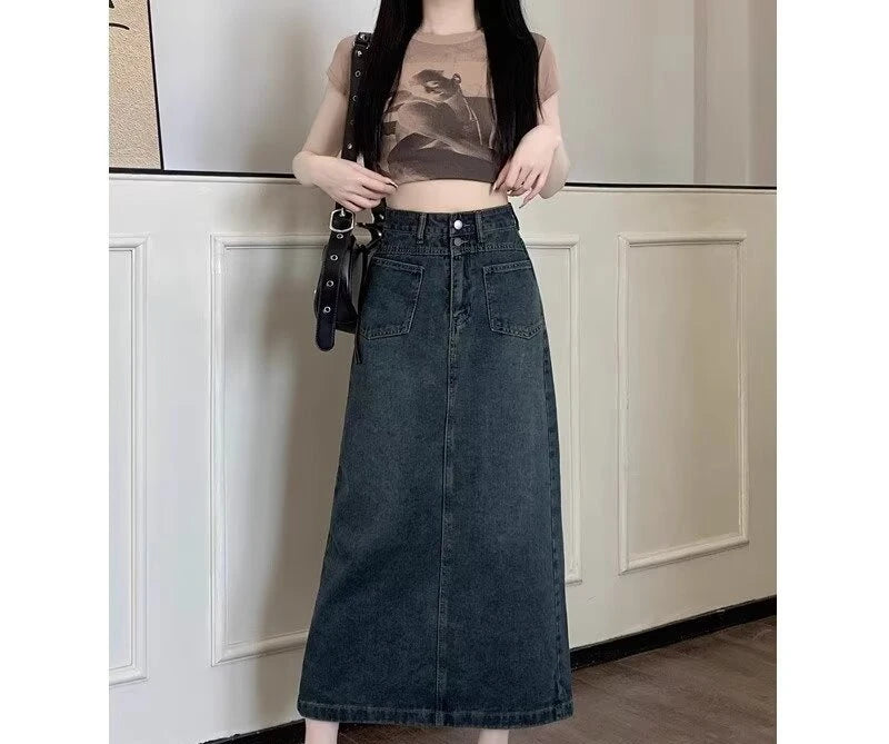 Split Denim Midi Skirt for Women New Plus Size A-line High Waist Long Skirt with Crotch Covering