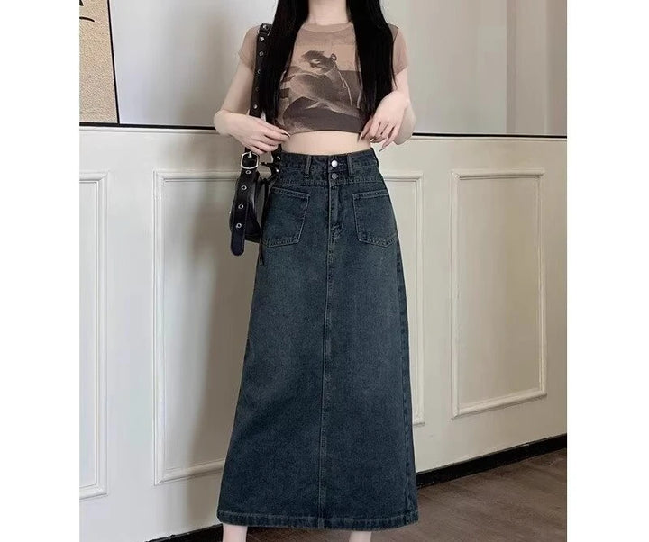 Split Denim Midi Skirt for Women New Plus Size A-line High Waist Long Skirt with Crotch Covering
