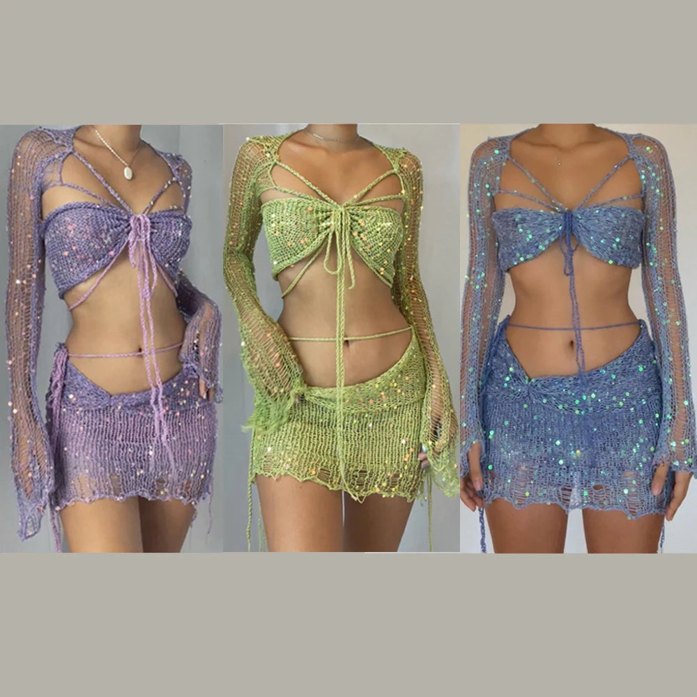 Crochet Knitted Dress Two Piece Skirt Sets Summer Women Clothes Sexy Crop Tops Elegant Knit Sequin Dress 2 Piece Set Outfit