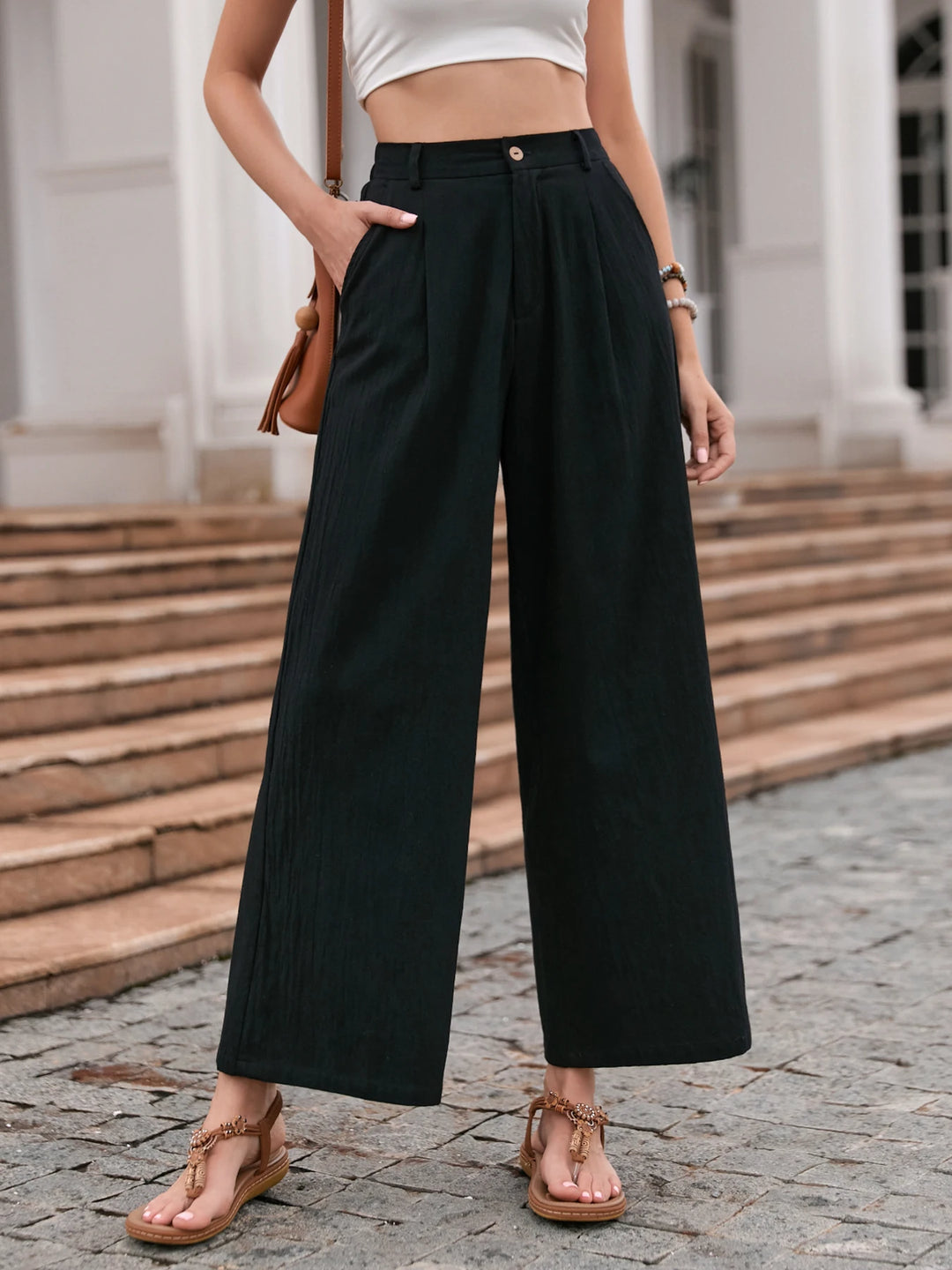 Elegant Solid Color Linen Wide Leg Pants for Women High Waist Drapey Casual Summer Loose Slimming Long Trousers Spring Autumn
