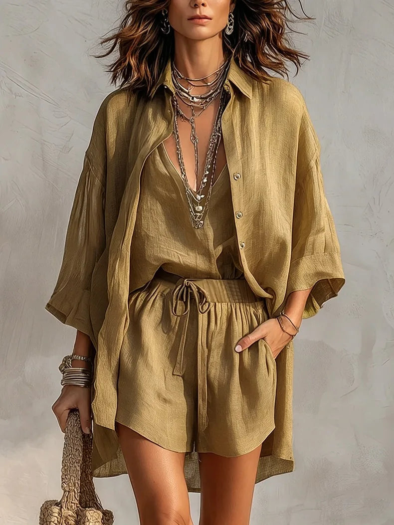 Women Lapel Three Quarter Sleeve Shirt Cami Top Drawstring Shorts 3 Piece Linen Outfit Casual Vacation Matching Set