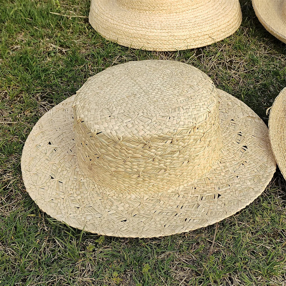 Large Brim Straw Hat Raffia Hand-woven Pattern Straw Hat Sun Protection Beach Sun Hat Women&