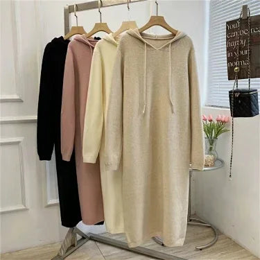 Women Hooded Knit Sweater Dress Long Sleeve Loose Slim Midi Dress Inner Wear For Overcoat Casual Knitwear