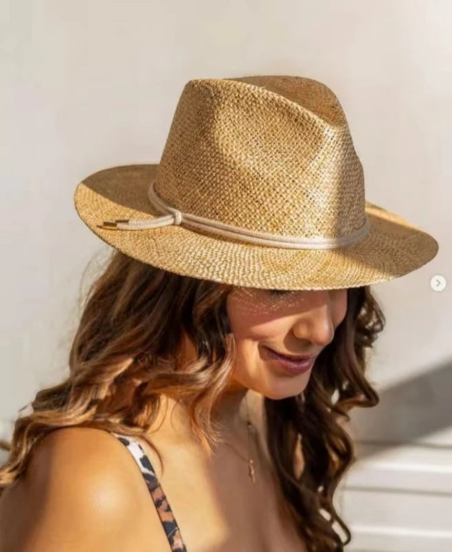 Large Brim Straw Hat Raffia Hand-woven Pattern Straw Hat Sun Protection Beach Sun Hat Women&