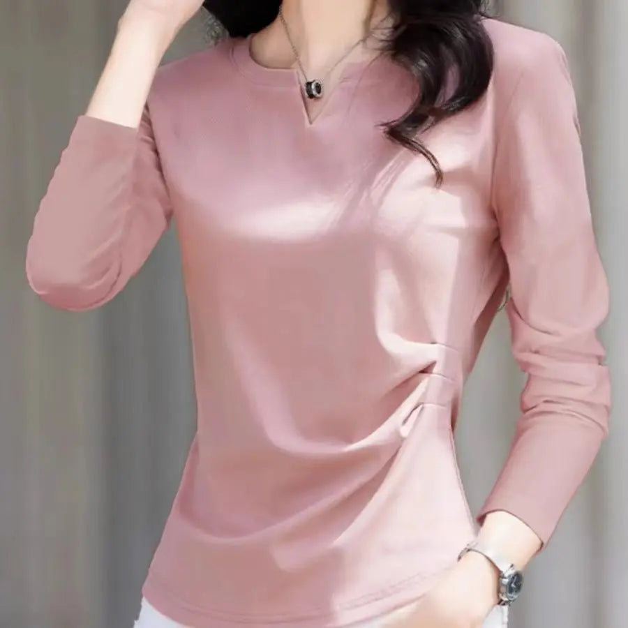 V-neck Long-sleeved T-shirt for Women in Early Autumn 2025 New Pleated Waist Top Temperament and Versatile Base Shirt