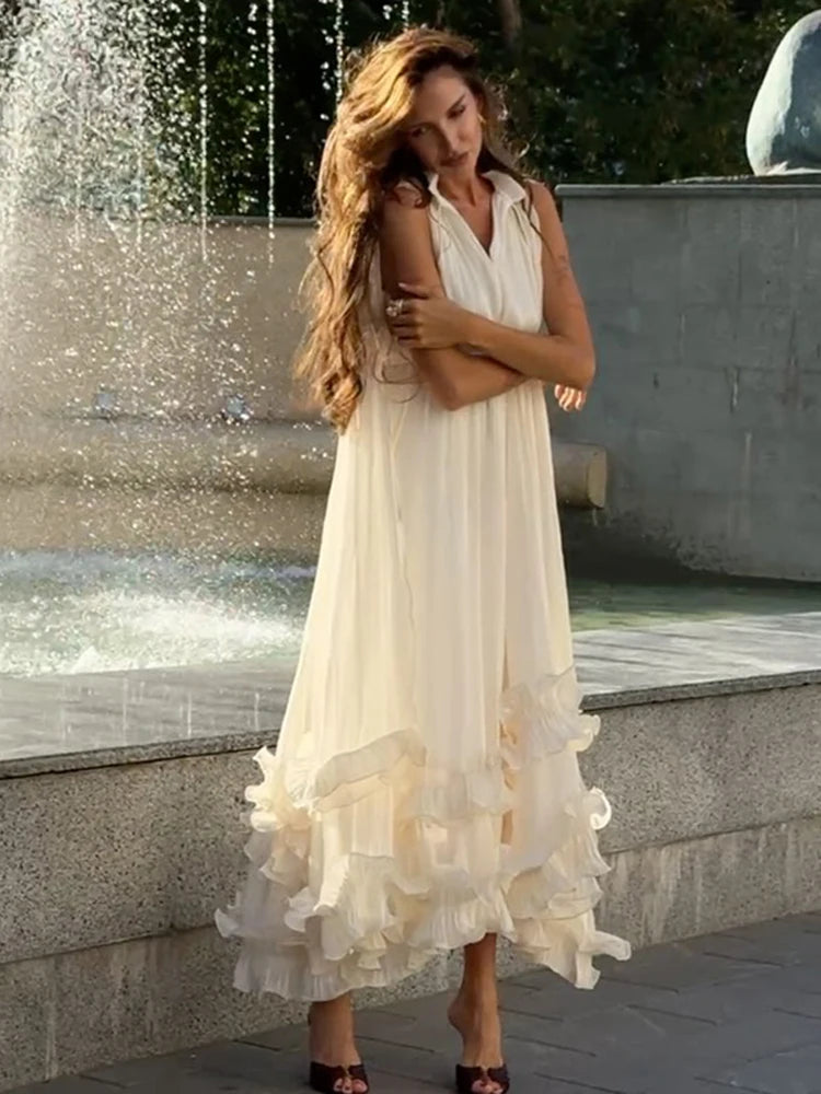 Off-White Cape Sleeve Maxi Dress Women Stand Collar Tiered Ruffle Hem Formal Evening Gown 2026