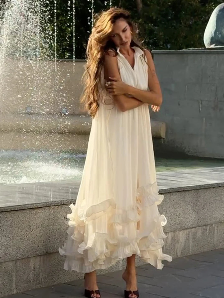 Off-White Cape Sleeve Maxi Dress Women Stand Collar Tiered Ruffle Hem Formal Evening Gown 2026