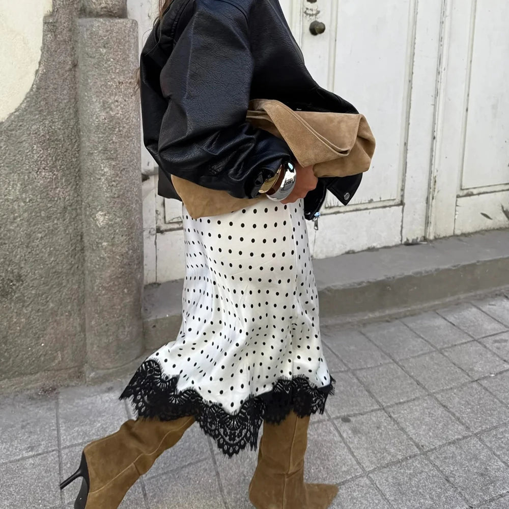 Women Vintage Elegant Lace Satin Spliced Midi Skirts Sexy Dots Print High Waist Retro Casual Straight Midi Skirts Streetwear