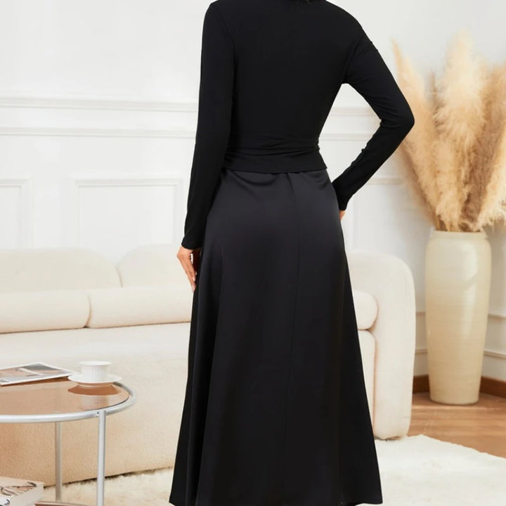 Winter Autumn Knitted Two Piece Dress Set Women V Neck Blouse Solid Elegant A Line Straps Maxi Dress Suits Sashe Female Outfit