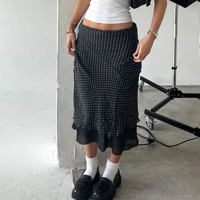 Wave Dot Midi Skirt for Women in Summer 2025  New Printed Slimming Straight Tube A-line Mesh Skirt