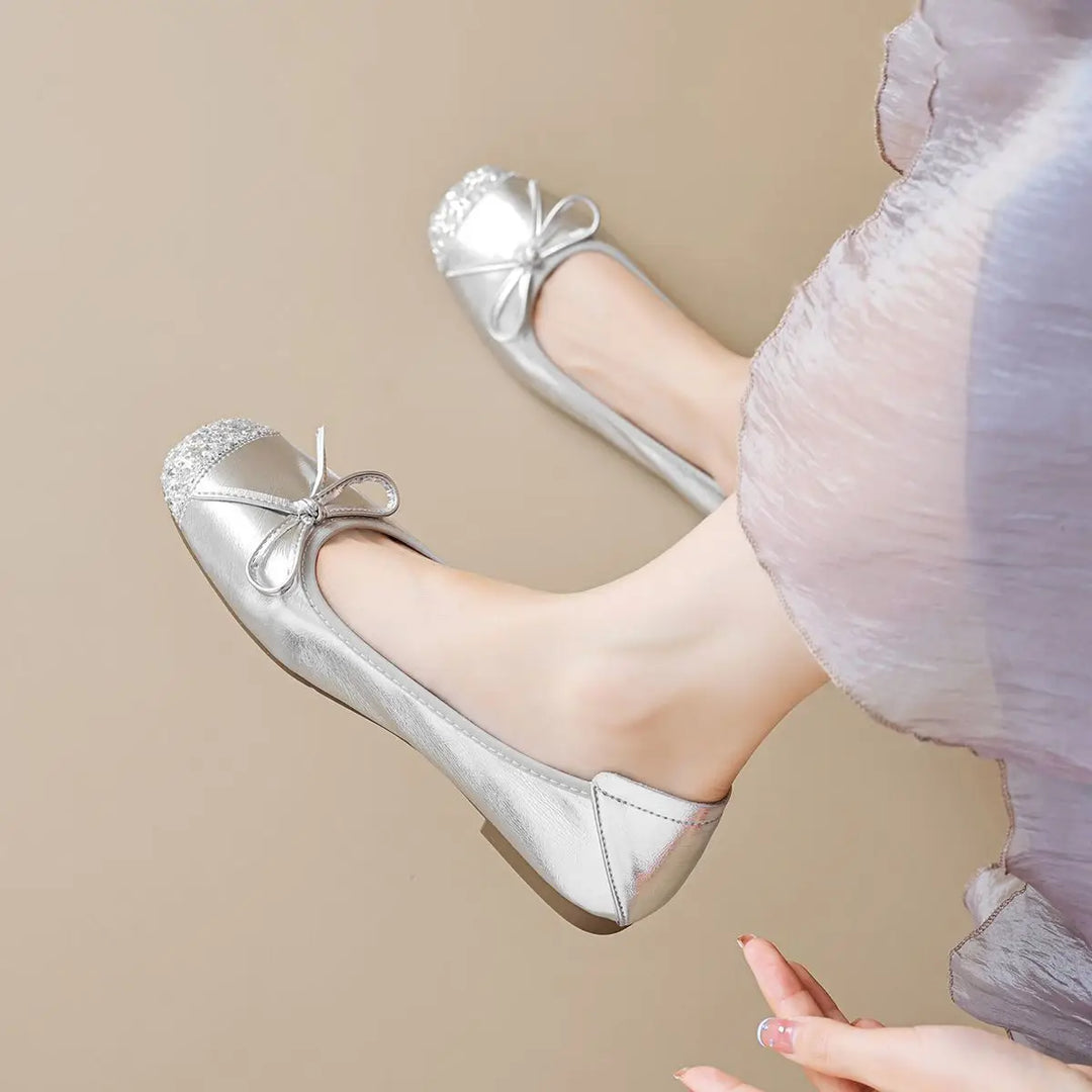 2025 New Genuine Leather French Ballet Flats for Women, Summer Outdoor Wear, One-Piece Bow Soft Sole Low-Heeled Shoes
