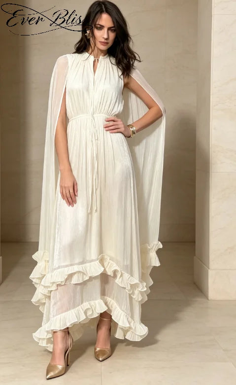 Off-White Cape Sleeve Maxi Dress Women Stand Collar Tiered Ruffle Hem Formal Evening Gown 2026