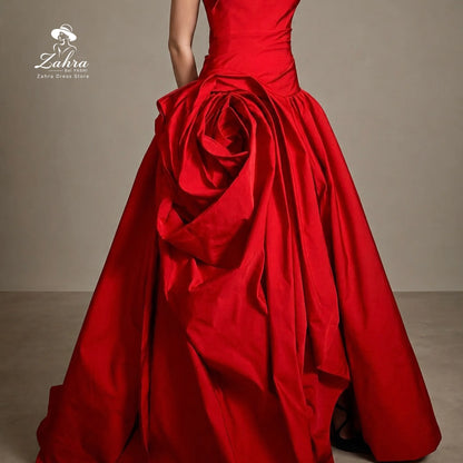 Women's Formal Evening Gowns Red A Line Evening Dress Luxury Folded Bodice 3D Rose Ruffle High Slit Satin Elegant Party Dresses