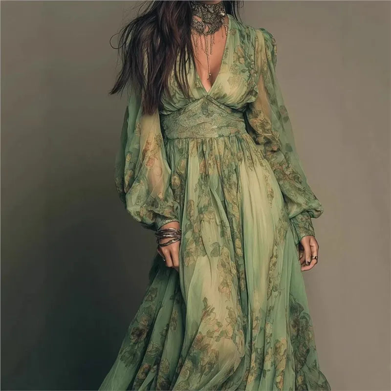 Elegant Green Floral Print Chiffon Maxi Dresses For Womeni Spring Sexy Deep V Neck High Waist Long Sleeve Boho Beach Long Dress