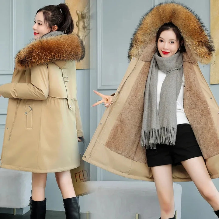 2026 New Women Winter Jacket 8XL Slim Long Coat Casual Parkas Big Fur Collar Wool Liner Hooded Outwear Cotton Warm Coats Female