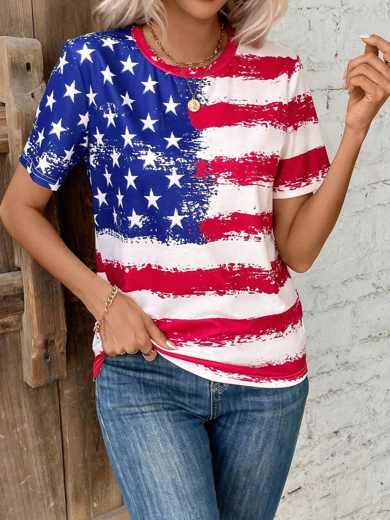 Women's T-Shirts For Women American Flag 3d Print Tops Casual Street Femalewear Summer Oversized T-Shirt Fashion Y2k Clothing