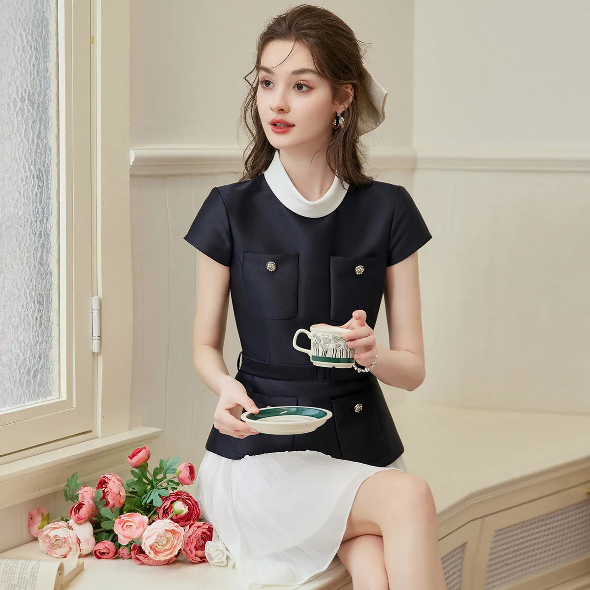 LOUISYAO Elegant Pleated Midi Dress 2026 Spring Short Sleeve Slim Fit Premium Chic Long Dress for Women