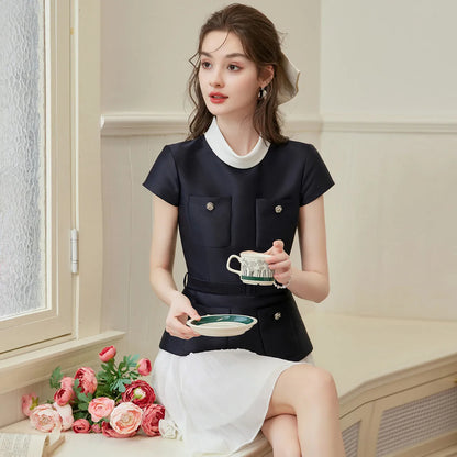 LOUISYAO Elegant Pleated Midi Dress 2026 Spring Short Sleeve Slim Fit Premium Chic Long Dress for Women