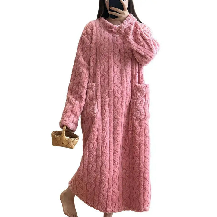 Winter Women Flannel Nightgowns Long Sleeve Double Pocket Loose Solid Sleepwear Jacquard Night Dress Thickened Warm Nightdress