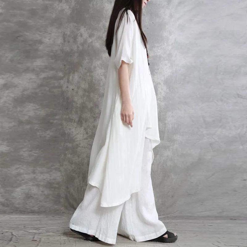 Women Cotton Linen Pant Sets 2 Pieces Casual Half Sleeve Solid Loose Blouse&amp;High Elastic Waist Wide Leg Full Trousers Suits