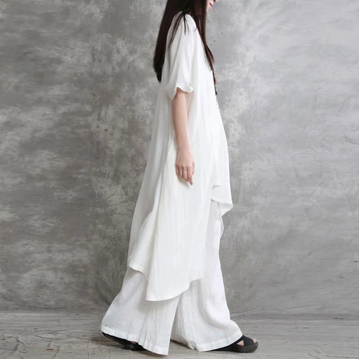 Women Cotton Linen Pant Sets 2 Pieces Casual Half Sleeve Solid Loose Blouse&amp;High Elastic Waist Wide Leg Full Trousers Suits