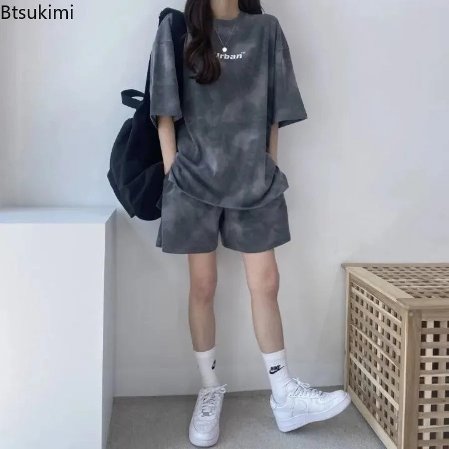 Women T-Shirt Shorts Suit Set Casual Tie Dye Loose Tshirt and Wide Leg Middle Shorts with Pockets Female Soft Summer Shorts Sets