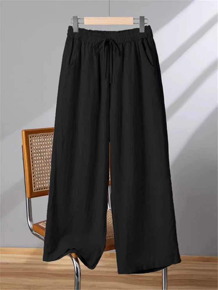 Linen Wide Leg Pants Women Summer Thin Loose Mom Small Size Big Size Casual High Waist Korean Sle Straight Tube Nine Points