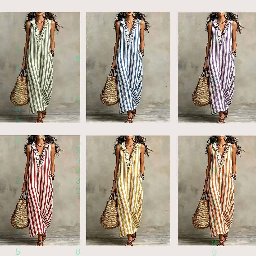 Bohemian Stripe V Neck Linen Maxi Dress Summer Casual Long Dresses